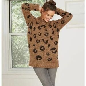 Universal Thread Sweater Leopard Animal Print Brown Chunky Knit Mockneck XL